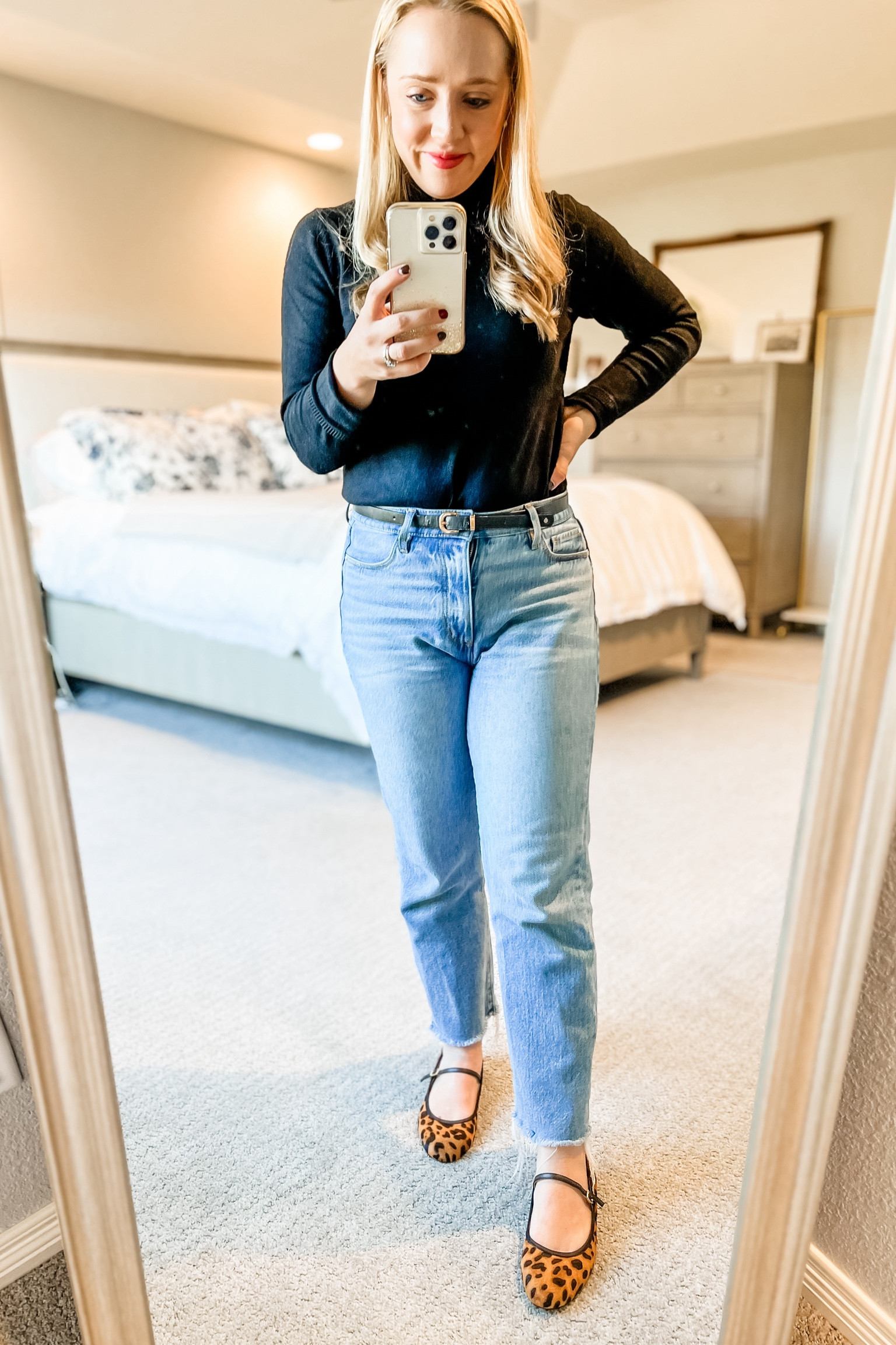 Fall outfit idea! Pair a black turtleneck with animal print flats. Similar jeans, exact turtleneck and flats fit tts.

Fall outfit. Petite outfit. Jeans. Straight jeans. Mary Jane’s. Flats. Animal print. 

#LTKSaleAlert #LTKStyleTip