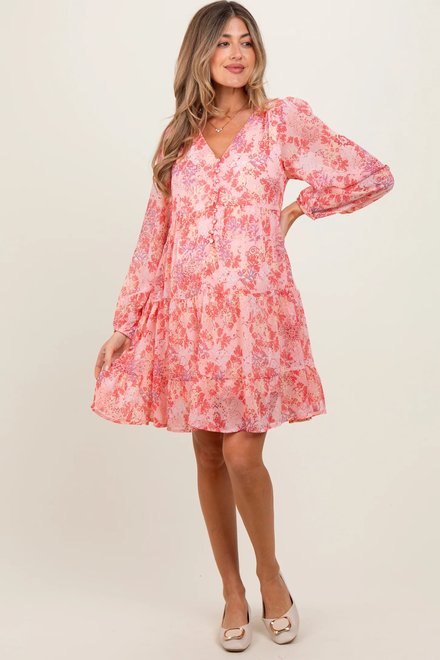 Pink Floral Chiffon Babydoll Long Sleeve Maternity Dress | PinkBlush Maternity