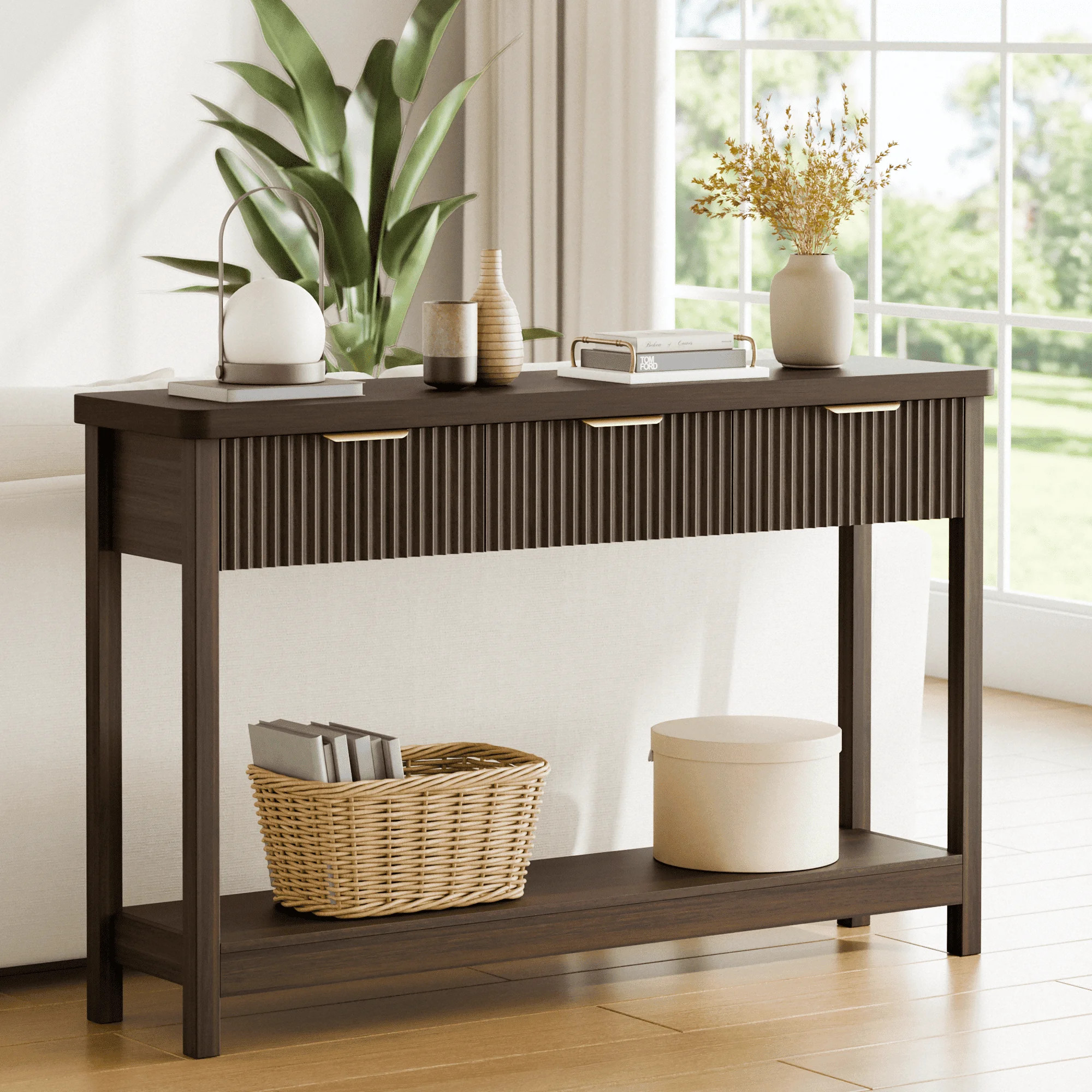 Laintene Fluted Console Table, 51" Narrow Entryway Table with 3 Drawers, Console Table Sofa Table... | Walmart (US)