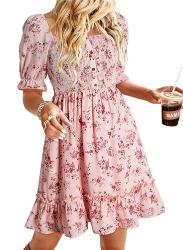 Dokotoo Pink Dress for Women Summer Boho Square Neck Short Sleeve Mini Dresses Womens Easter Smocked Empire Waist Cute Floral Pattern Swing Babydoll Fashion Party Sundresses Medium | Amazon (US)