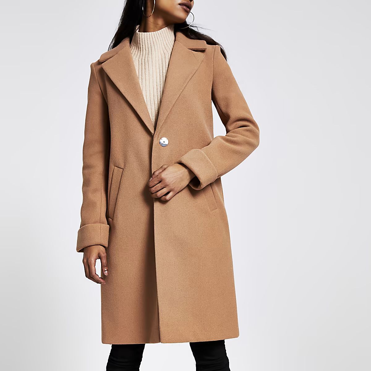 Petite beige long sleeve coat | River Island (UK & IE)