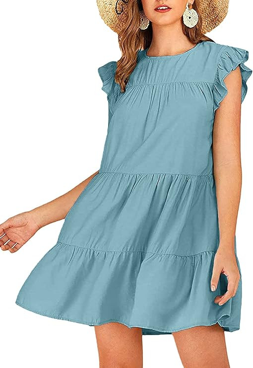 Remidoo Womens Babydoll Tiered Mini Dress Round Neck Short Sleeve Ruffle Pleated Swing... | Amazon (US)