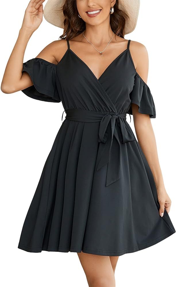 Leereya Cold Shoulder Floral Print Short Dress for Women Spaghetti Strap Wrap Dresses Summer Casu... | Amazon (US)