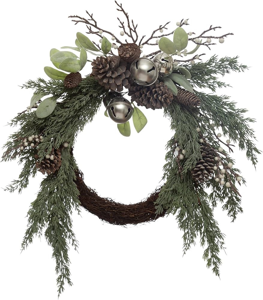 Creative Co-Op Faux Juniper and Mixed Evergreen Wreath with Silver Jingle Bells, Pinecones and Be... | Amazon (US)