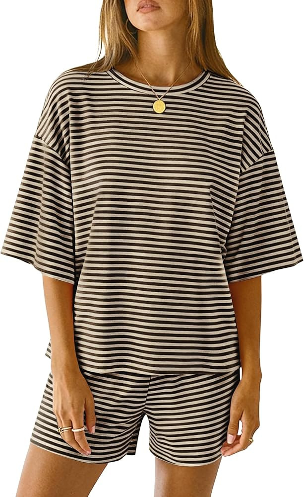 LOMON Two Piece Sets for Women Summer 3/4 Sleeve Tops and Elastic Waist Shorts Pajamas Cute Comfy... | Amazon (US)