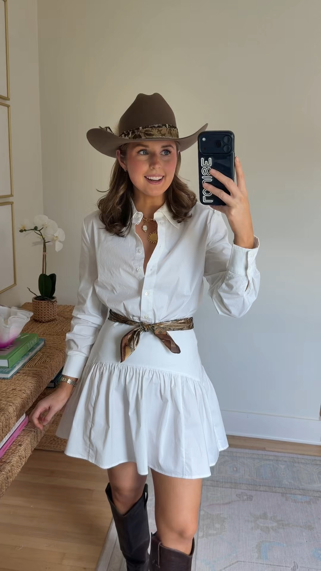 Western chic outfit idea! Wearing a 4 in dresss