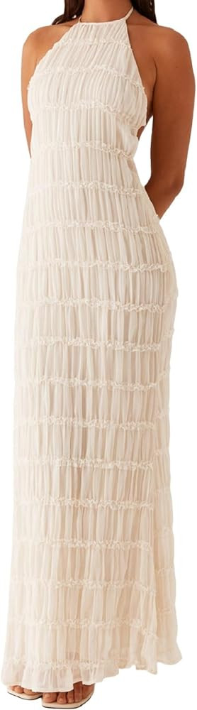 Women Summer Backless Beach Maxi Dress Spaghetti Strap Sleeveless Smocked Tulle Flowy Vacation Lo... | Amazon (US)