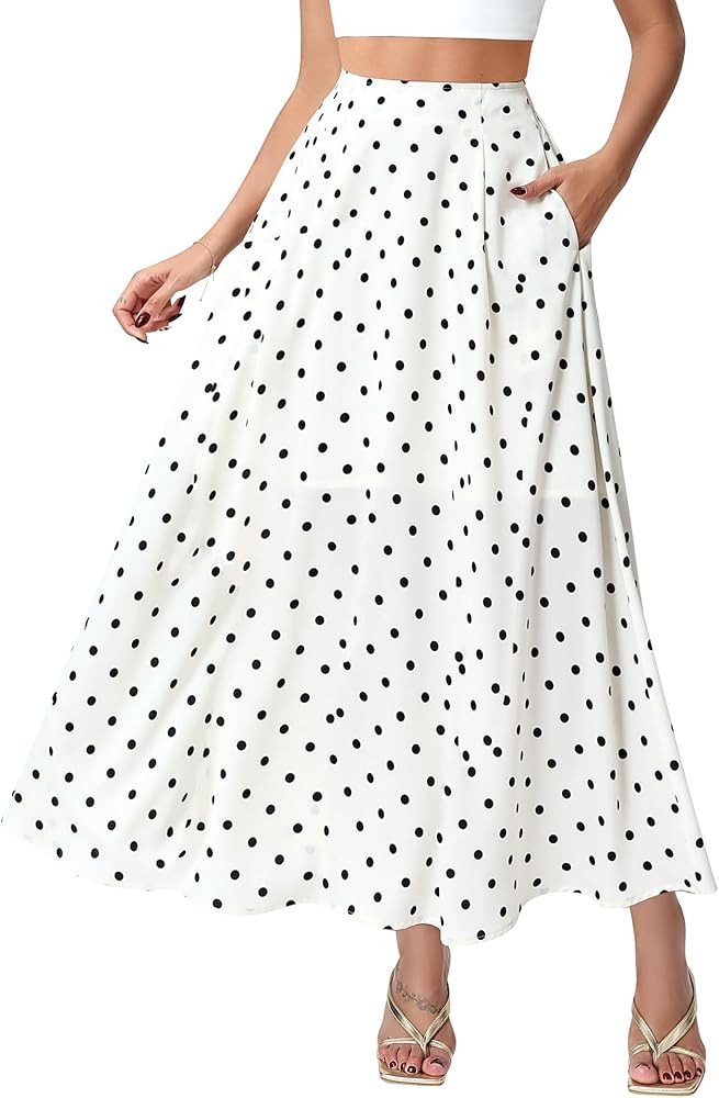 DERAX Women's Polka Dot Flowy Maxi Skirt A-Line Long Skirt with Pockets | Amazon (US)