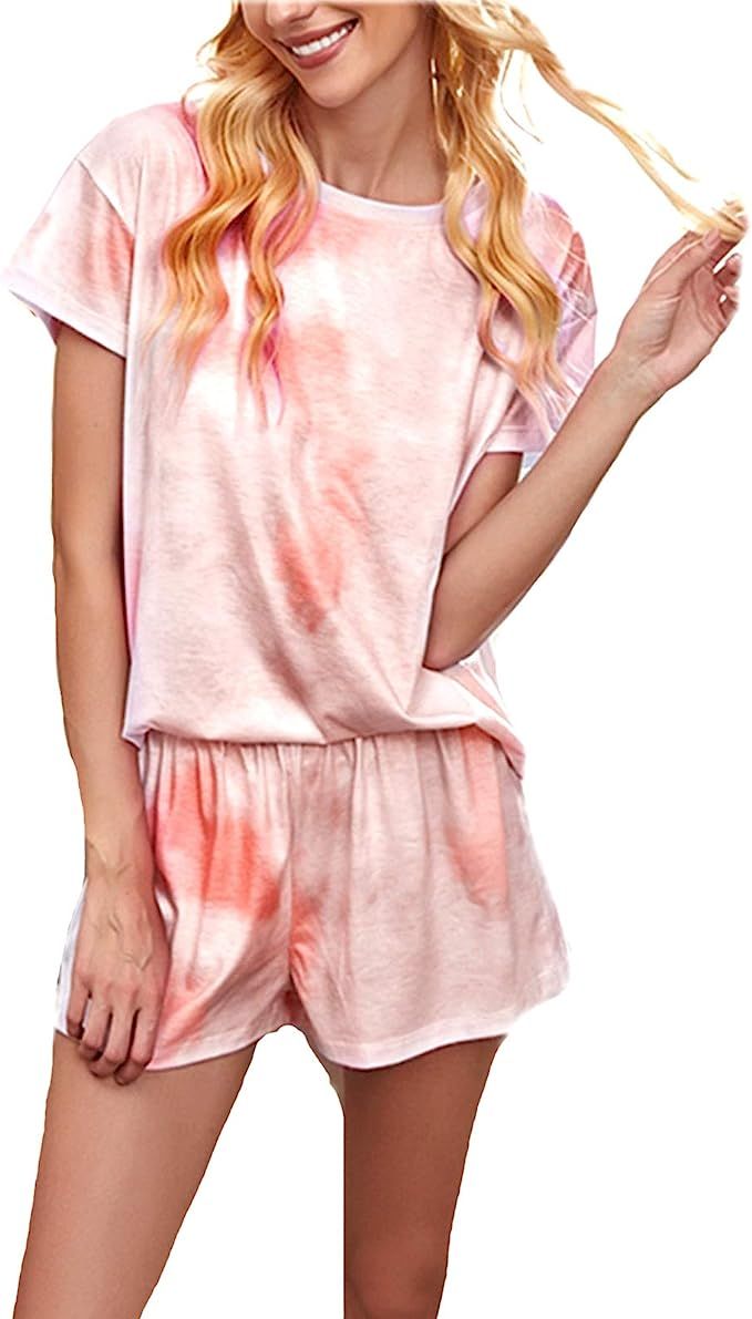 Women's Tie Dye Printed Pajamas Set Short Sleeve Tops with Shorts Lounge Sets 2 Piece Outfits Sle... | Amazon (US)