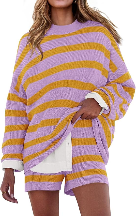 ZESICA Striped Lounge Sets for Women 2 Piece Oversized Outfits Long Sleeve Tops and Shorts Sweate... | Amazon (US)