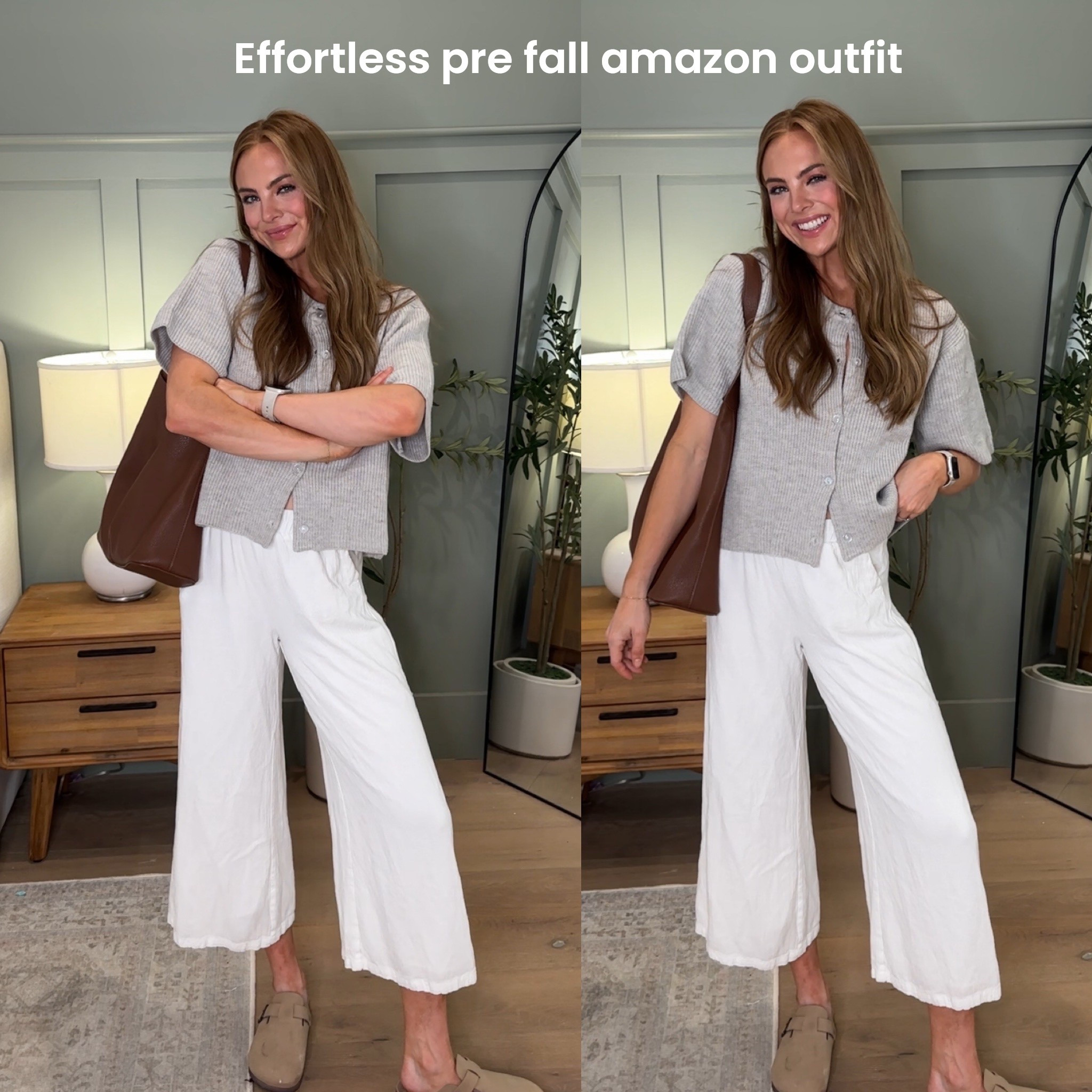 Easy Amazon fall fashion cute outfit inspo idea effortless pre fall transitional outfit idea white linen pants clogs cardigan light Weight slouchy affordable fall fashion ideas casual comfy cute mom outfit 

#LTKStyleTip