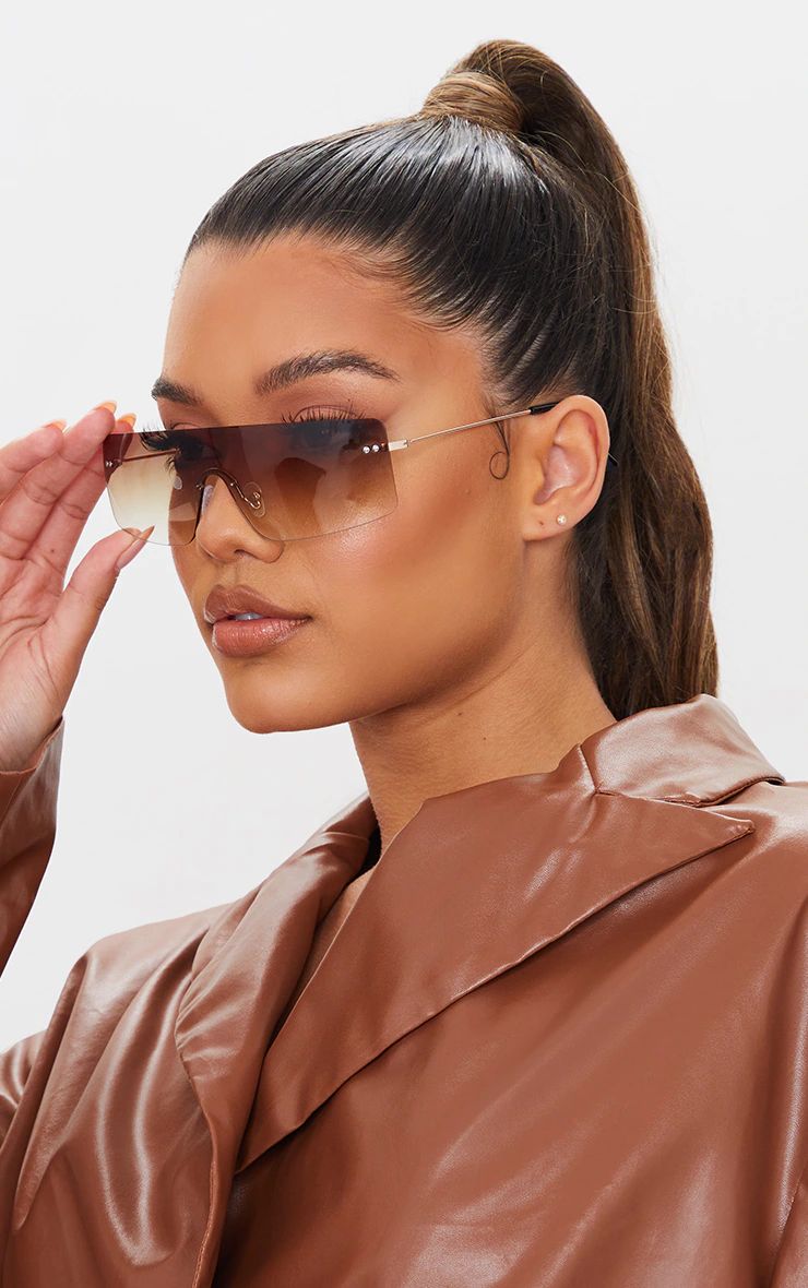 Brown Faded Lens Square Frame Frameless Sunglasses | PrettyLittleThing UK
