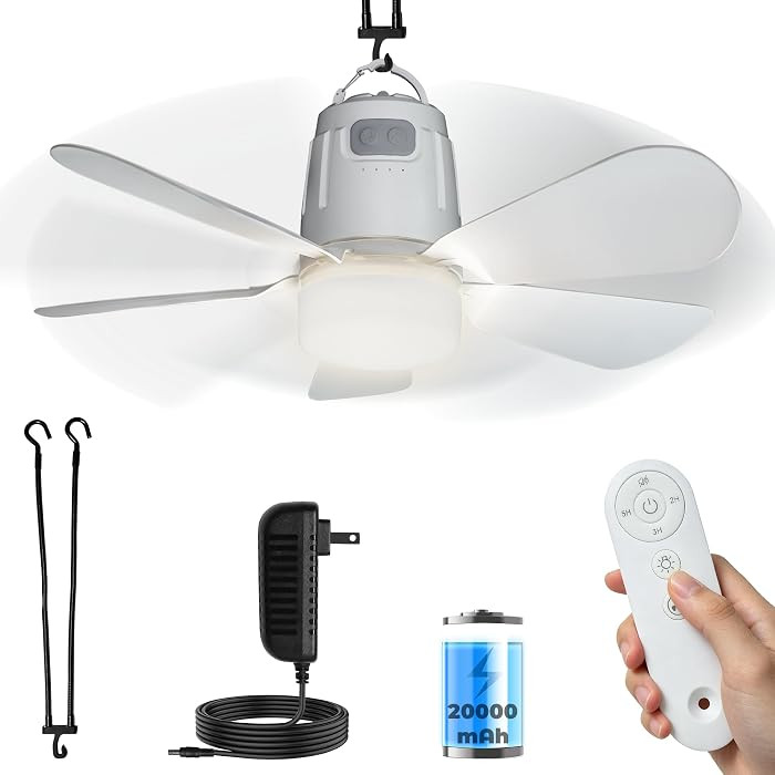 Battery Operated Outdoor Ceiling Fan, 20000mAh Portable Canopy Fan with Light, Remote & Hanging H... | Amazon (US)