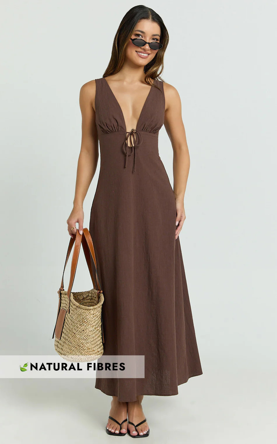 Silvena Midi Dress - Plunge Neckline Tie Front A Line Dress in Chocolate | Showpo (US, UK & Europe)