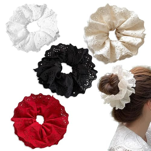 4Pcs Hair Scrunchies For Women,Girls Large Lace Scrunchie,Oversized Big Frilly Gingham Ties Ropes,Giant Extra Thick Braids Print Bobble Elastic, Elastic Hair Bands Scrunchy Soft Hair Ties Ropes | Amazon (UK)