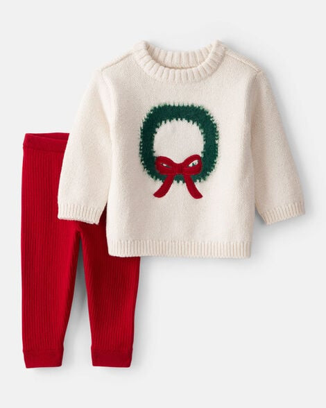 Carter's Baby Girls Girl 2-Piece Wreath Long-Sleeve Sweater & Pant Set - White/Red 3M White/Red | Carter's Inc