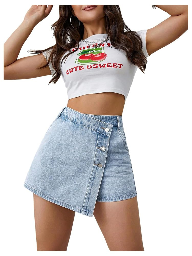 MakeMeChic Women's Wrap Front Denim Shorts Button Fly High Waisted Summer Jean Skorts | Amazon (US)