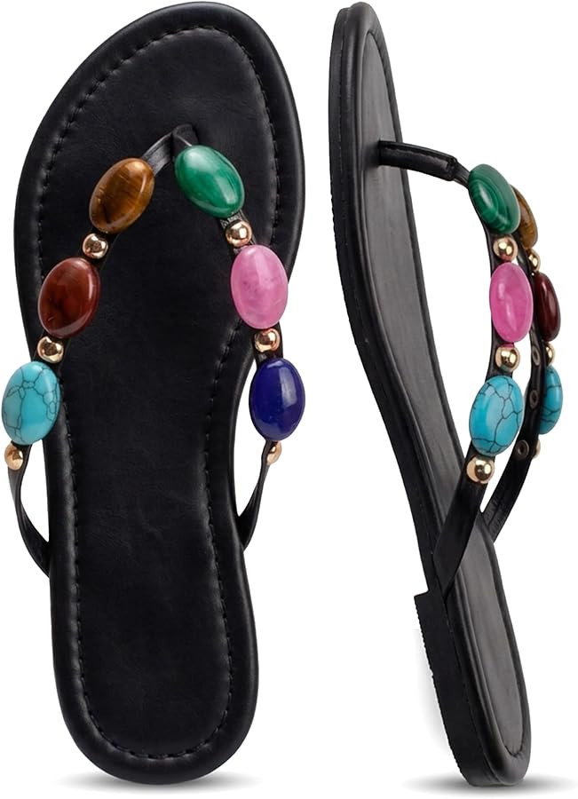 Oakmoo Women Jewelled Thong Strap Open Round Toe Flip Flops Comfy Slip on Flats Sandals Casual Su... | Amazon (US)
