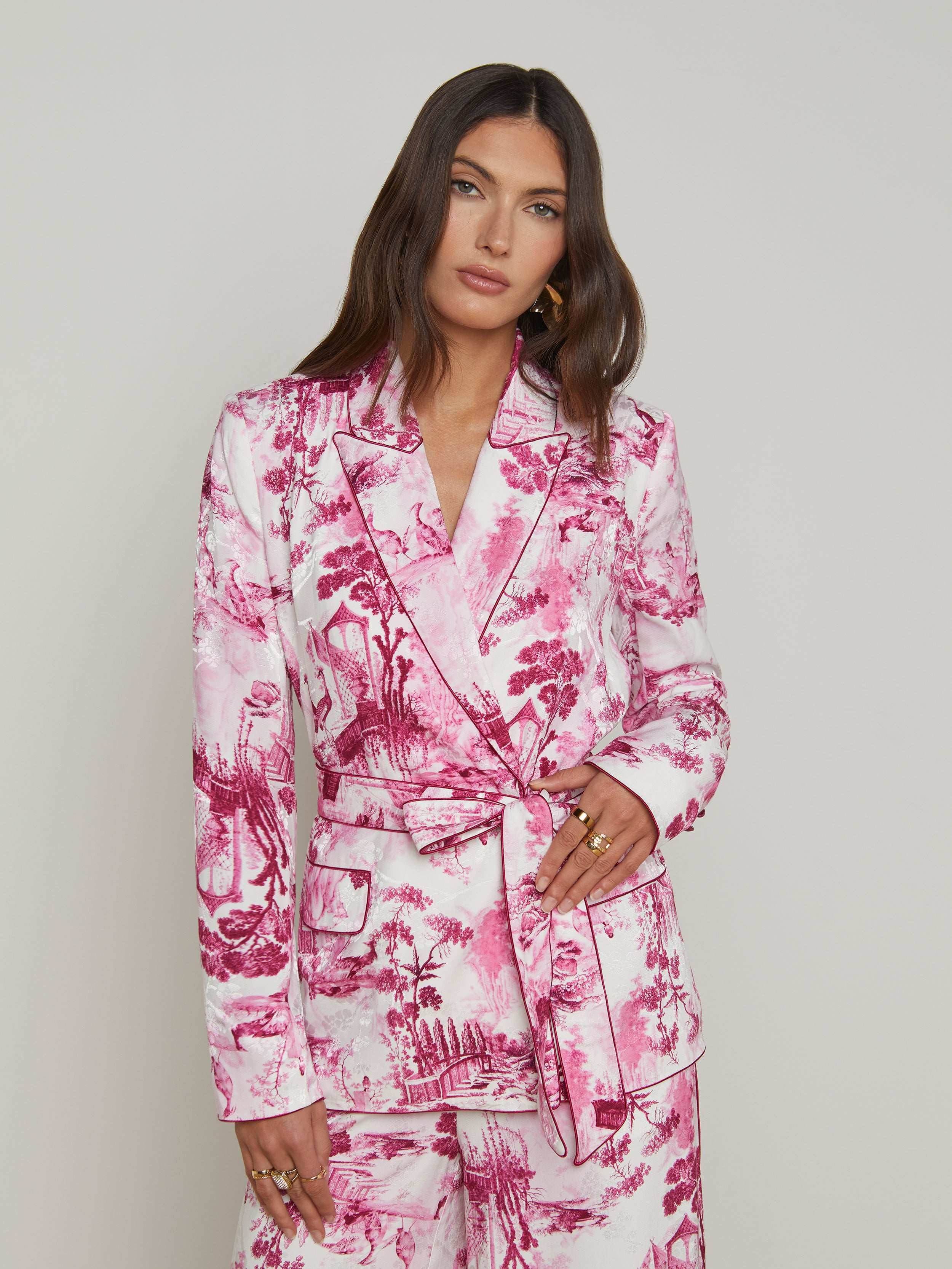 Jordana Satin Wrap Blazer in White/Pink Porcelain Toile | L'AGENCE | L'Agence