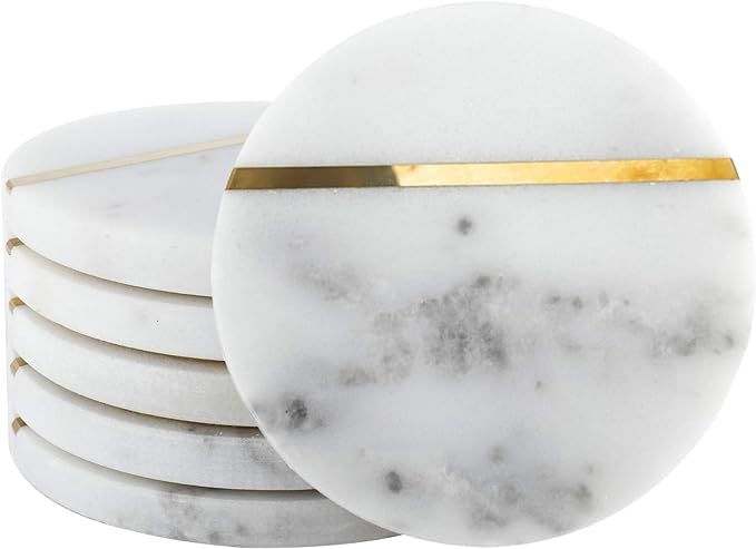 HighFree 6 Pack Real Marble Coasters with Brass Inlay, Handcrafted White Marble Coasters with Gol... | Amazon (US)