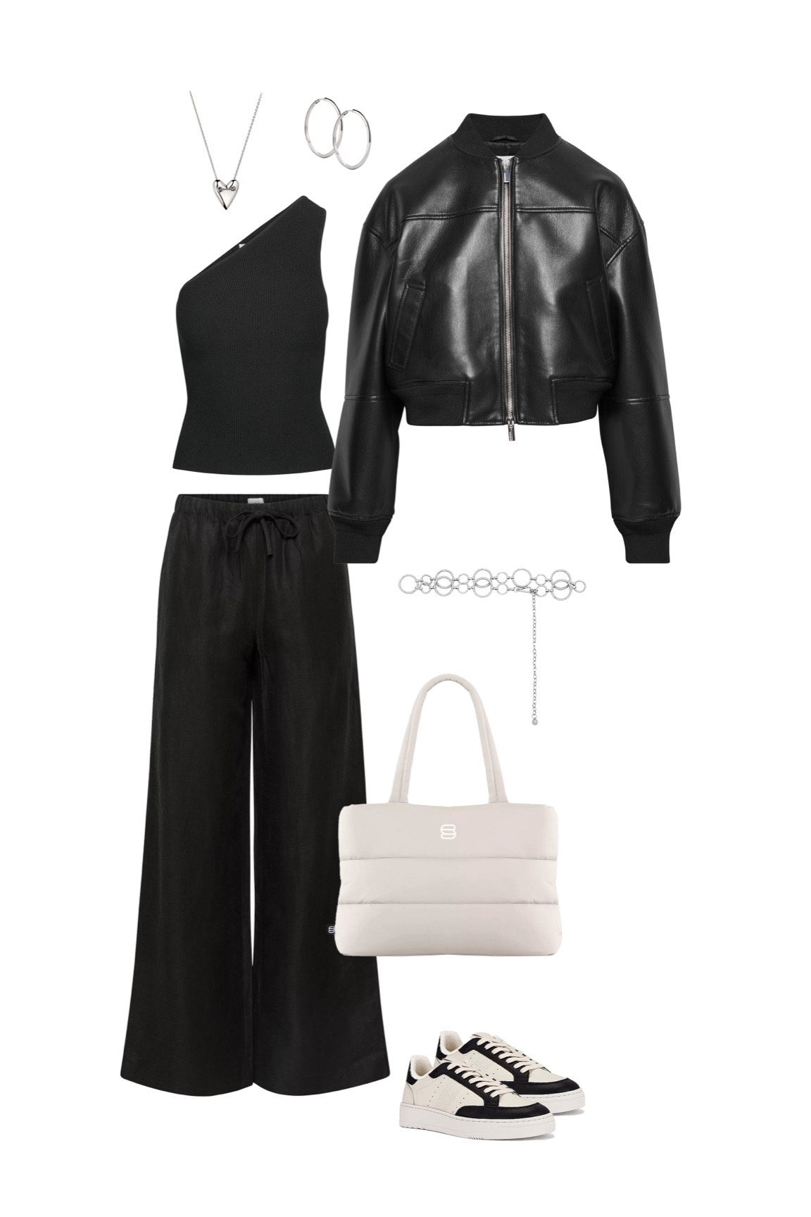 Channeling sleek sophistication with this all-black monochrome look, accented with pops of cream! Playing with textures like the leather jacket, linen pants, and knit one-shoulder top for added depth. Bringing in those cream accents with casual cool sneakers and a chic puffer tote bag, while silver jewelry ties it all together seamlessly.

#LTKworkwear #LTKstyletip #LTKitbag
