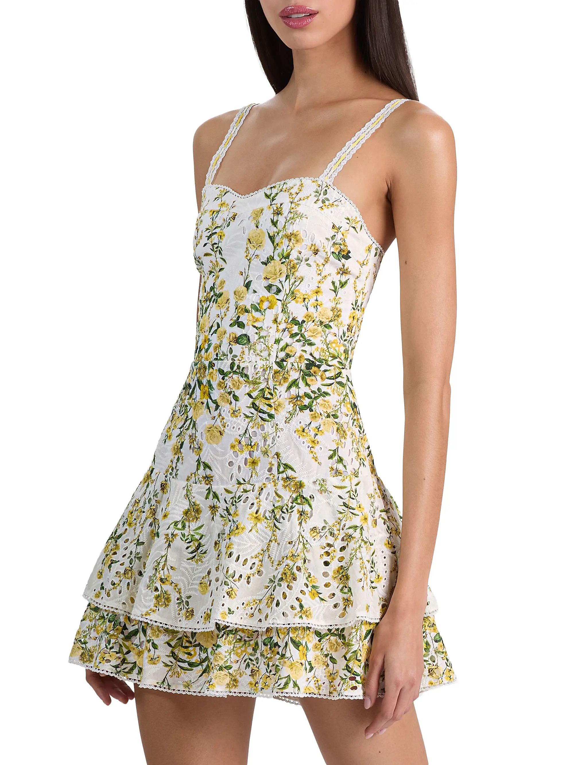 ALICE + OLIVIA Meredith Floral Cotton Tiered Minidress | Saks Fifth Avenue | Saks Fifth Avenue