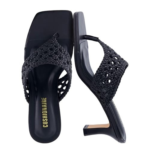 CUSHIONAIRE Spryte Flared Kitten Heels for Women, Square Toe Thong Heeled Sandals with Woven Braided Strap and Slip On Mule Style, BLACK 6.5 | Amazon (US)