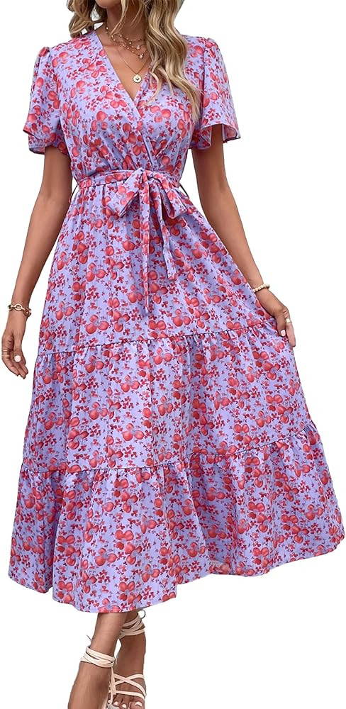 MASCOMODA Womens Boho Swiss Dot Maxi Dresses Wrap V Neck Flutter Short Sleeve Solid Tie Belt A Li... | Amazon (US)
