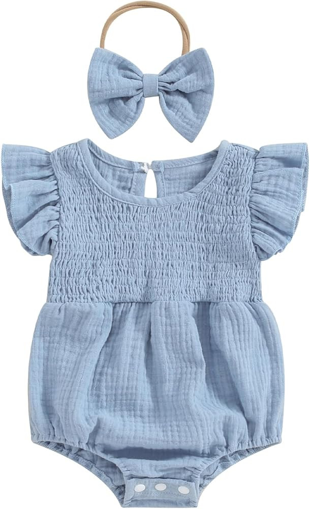 Newborn Baby Girl Clothes Ruffle Sleeve Solid Smocked Bubble Romper Jumpsuit Bow Headband Cute Su... | Amazon (US)