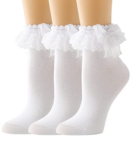 Lace Ruffle Frilly Socks for Women - Lace Ankle Socks with Bow | Amazon (US)