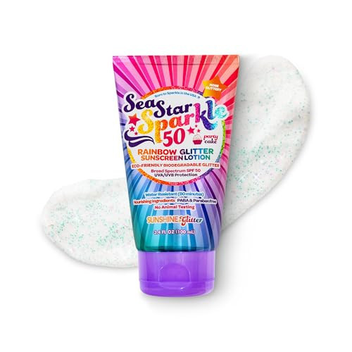 Seastar Sparkle - Rainbow Party Cake Scented Glitter Sunscreen - SPF 50 - Biodegradable Sunscreen, Kids, Water Resistant, Glitter lotion, Cruelty Free, Kids Lotion, Made in USA, 3.4oz | Amazon (US)