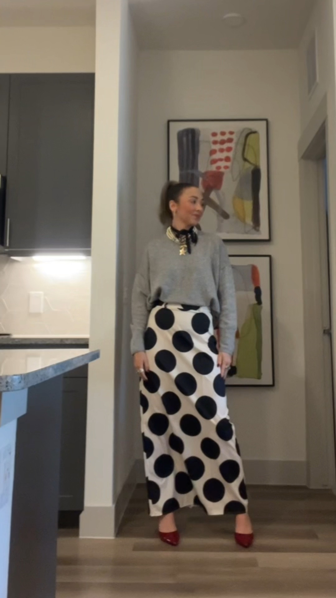 Friday Work fit !!! Polka dot skirt gray sweater. Gold stack and dark red heels

#LTKWorkwear #LTKootd #LTKHoliday