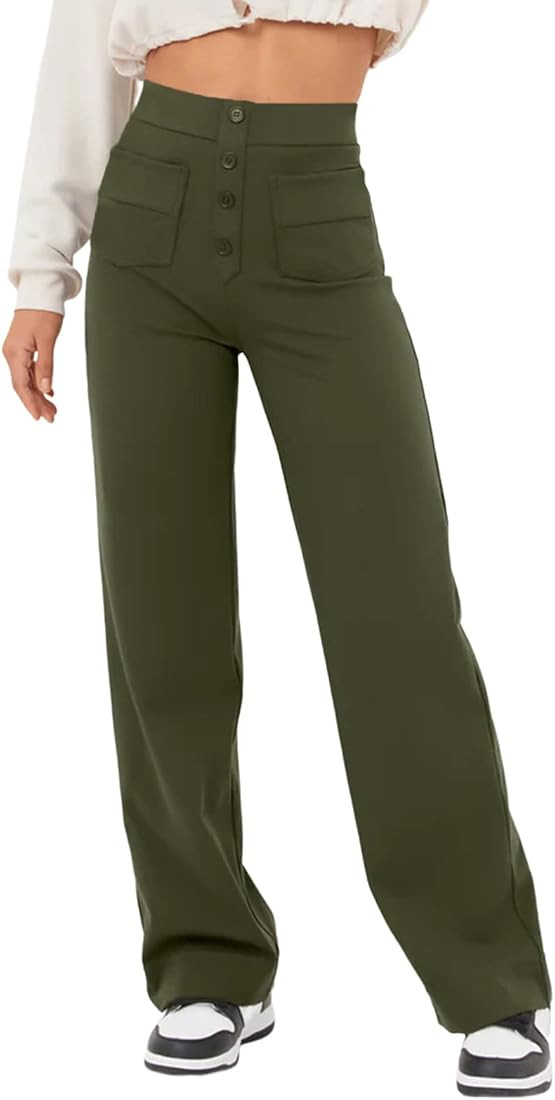 EVALESS Women's Casual Straight Leg Pants High Waisted Button Down Stretchy Business Work Trouser... | Amazon (US)