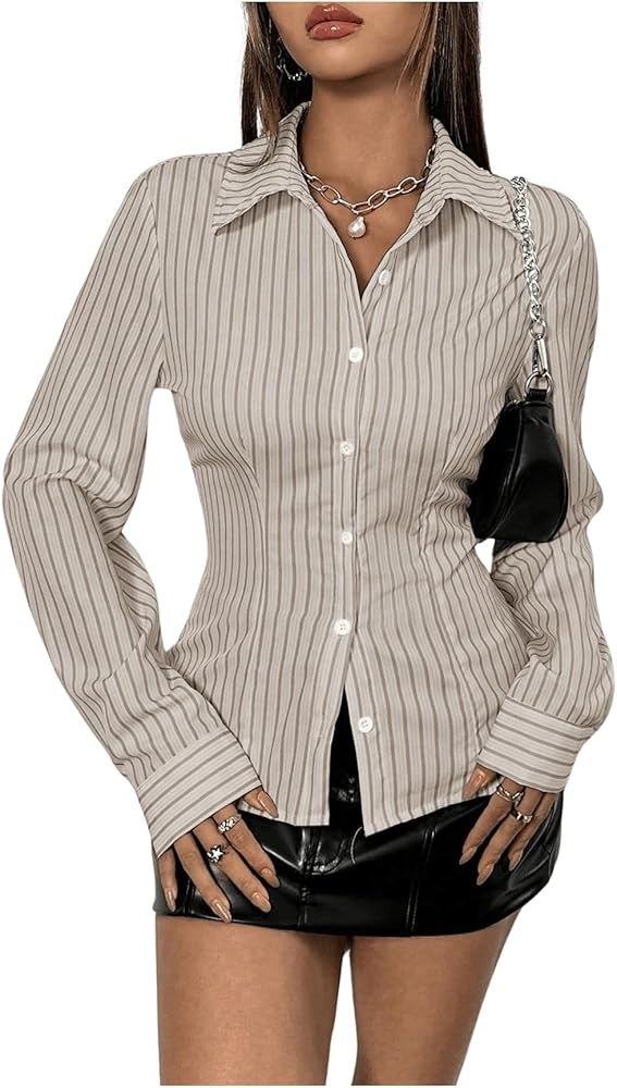 SweatyRocks Women's Striped Button Down Slim Fit Shirt Long Sleeve Collar Work Blouse Tops | Amazon (US)