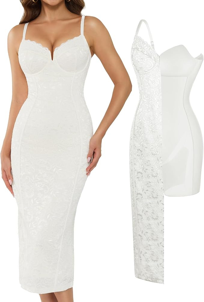 Popilush Built in Shapewear Lace Midi Dress Women's Deep V Neck Sleeveless Formal Wedding Guest C... | Amazon (US)