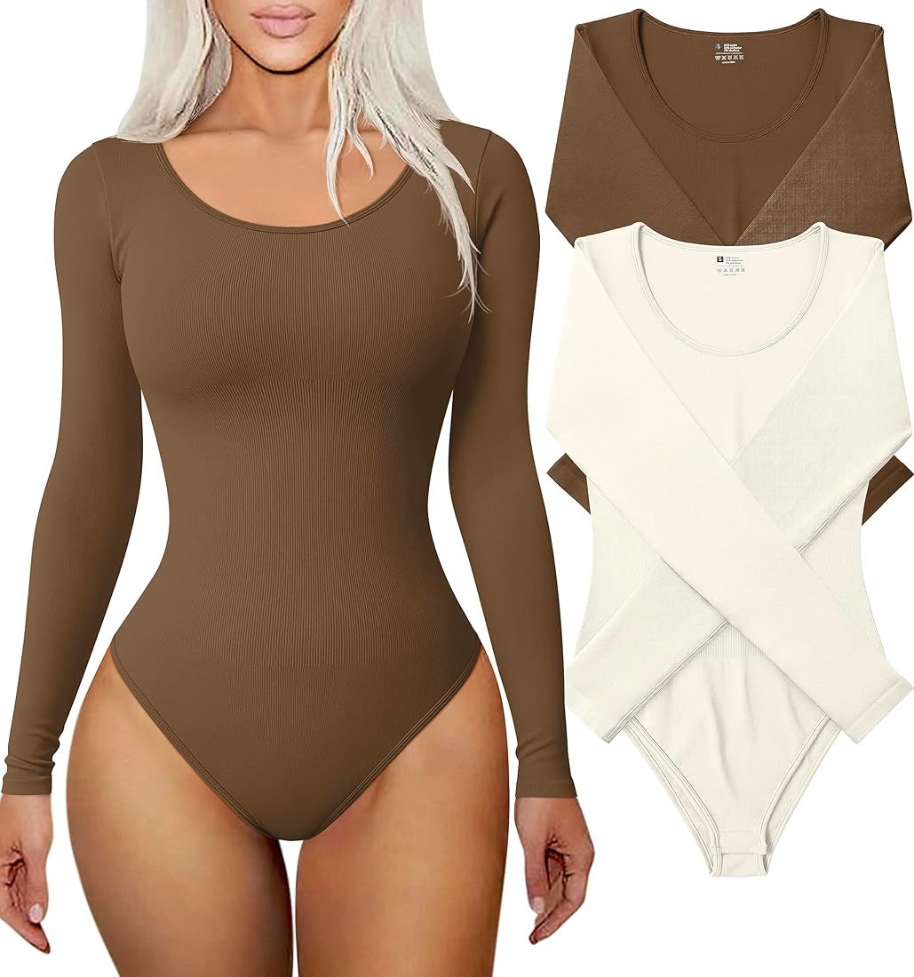 Women's 2 Piece Bodysuits Sexy Ribbed Long Sleeve Round Neck Stretch Tops Bodysuits | Amazon (US)
