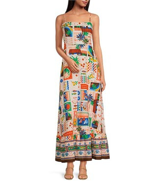 Postcard Print Square Neck Sleeveless Maxi Dress | Dillard's