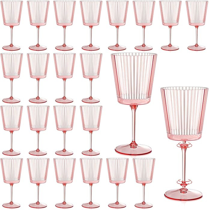 24 PCS Pink Plastic Wine Glasses with Removable Stems 13.5 OZ Ribbed Wine Glass Set Square White ... | Amazon (US)