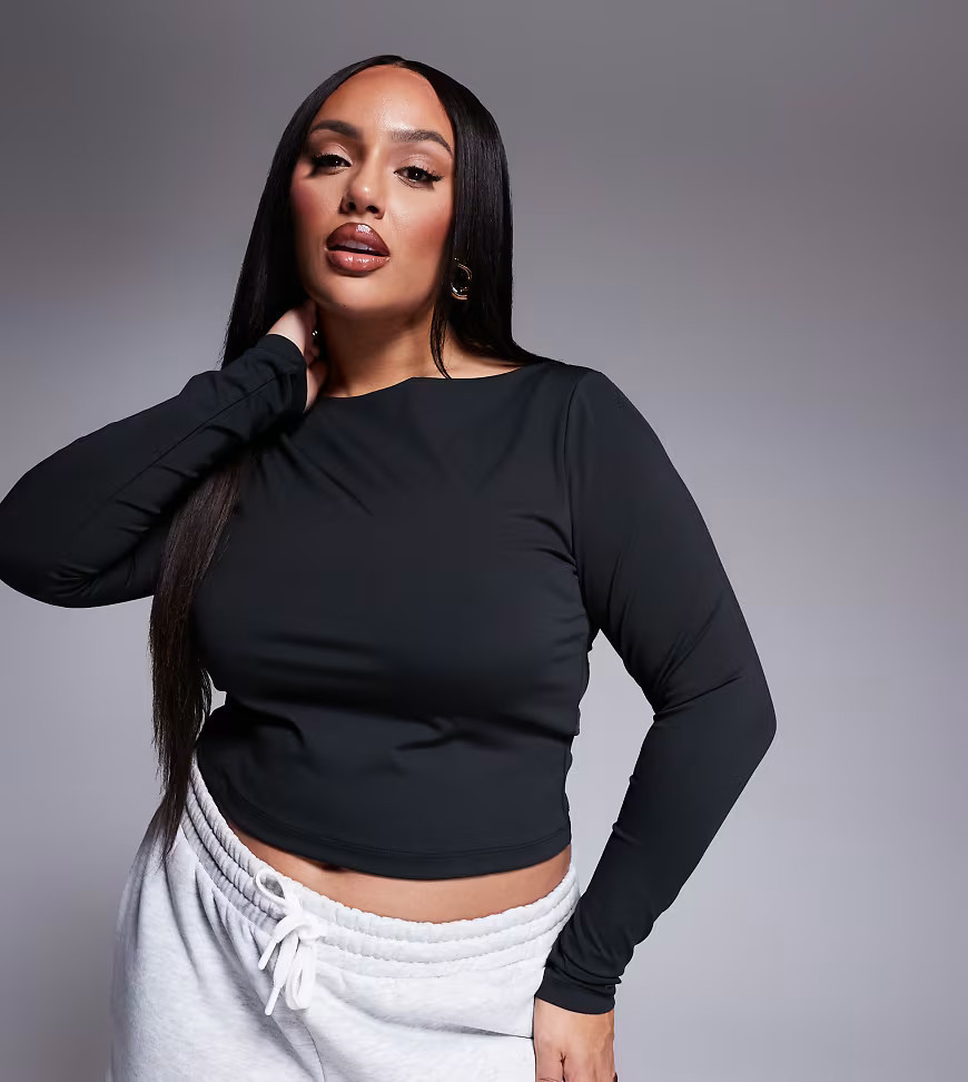 ASOS DESIGN Curve sculpting boat neck long sleeve top in black | ASOS (Global)