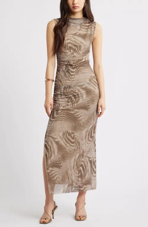 Open Edit Mesh Body-Con Maxi Dress in Tan Dash Animal at Nordstrom, Size X-Small | Nordstrom