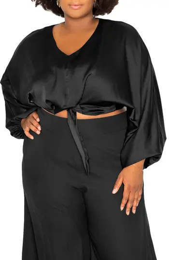 BUXOM COUTURE Tie Front Long Sleeve Satin Blouse in Black at Nordstrom Rack, Size 1 X | Nordstrom Rack