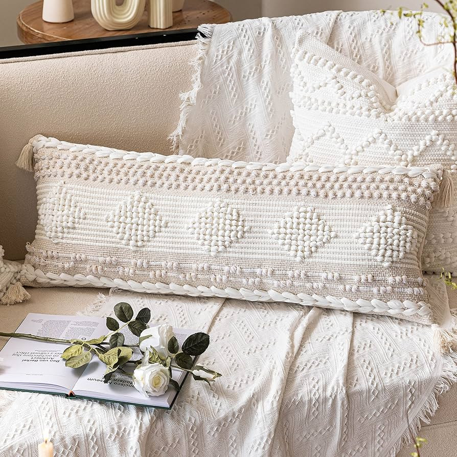 BlissBlush Cream Decorative Lumbar Throw Pillow Cover 14x36 Boho Long Cushion for Bed Neutral Bei... | Amazon (US)