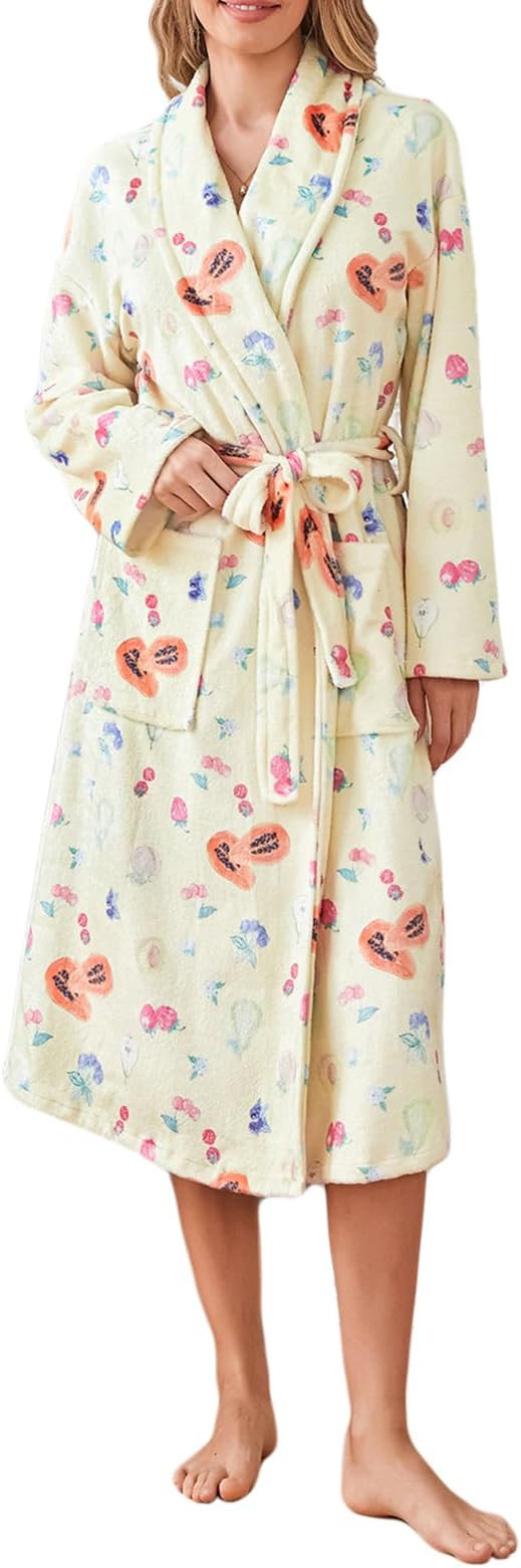 Women Y2k Fruit Robe Fleece Soft Warm Kimono Bathrobe Gown Cozy Long Robe Winter Nightgown Lounge... | Amazon (UK)