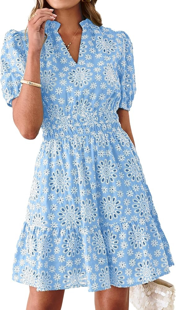 BerryGo Womens Summer Eyelet Mini Dress Beach Casual Puff Short Sleeve Lace V Neck Boho Hollow Ou... | Amazon (US)