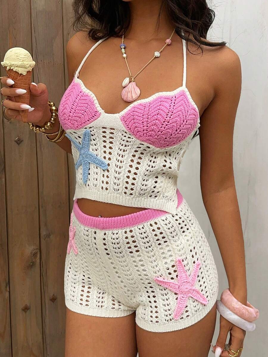 Aloruh Women's Beach Vacation Tie-Up Halter Starfish Decor Pink & White Cropped Crochet Top,S For... | SHEIN
