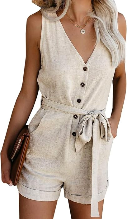 Amazon.com: Acelitt Women's Summer Casual V Neck Sleeveless Button Down Tie Waist Rompers Short J... | Amazon (US)