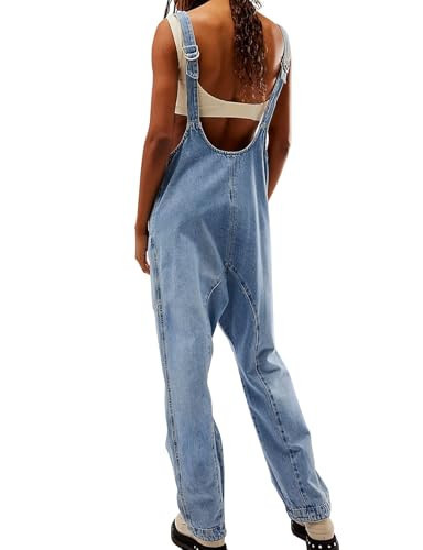 LBDLONGBIDA Womens Denim Overalls Sleeveless Loose Baggy Casual Jean Pants Wide Leg Jumpsuits Jumper, Light Blue, L | Amazon (US)
