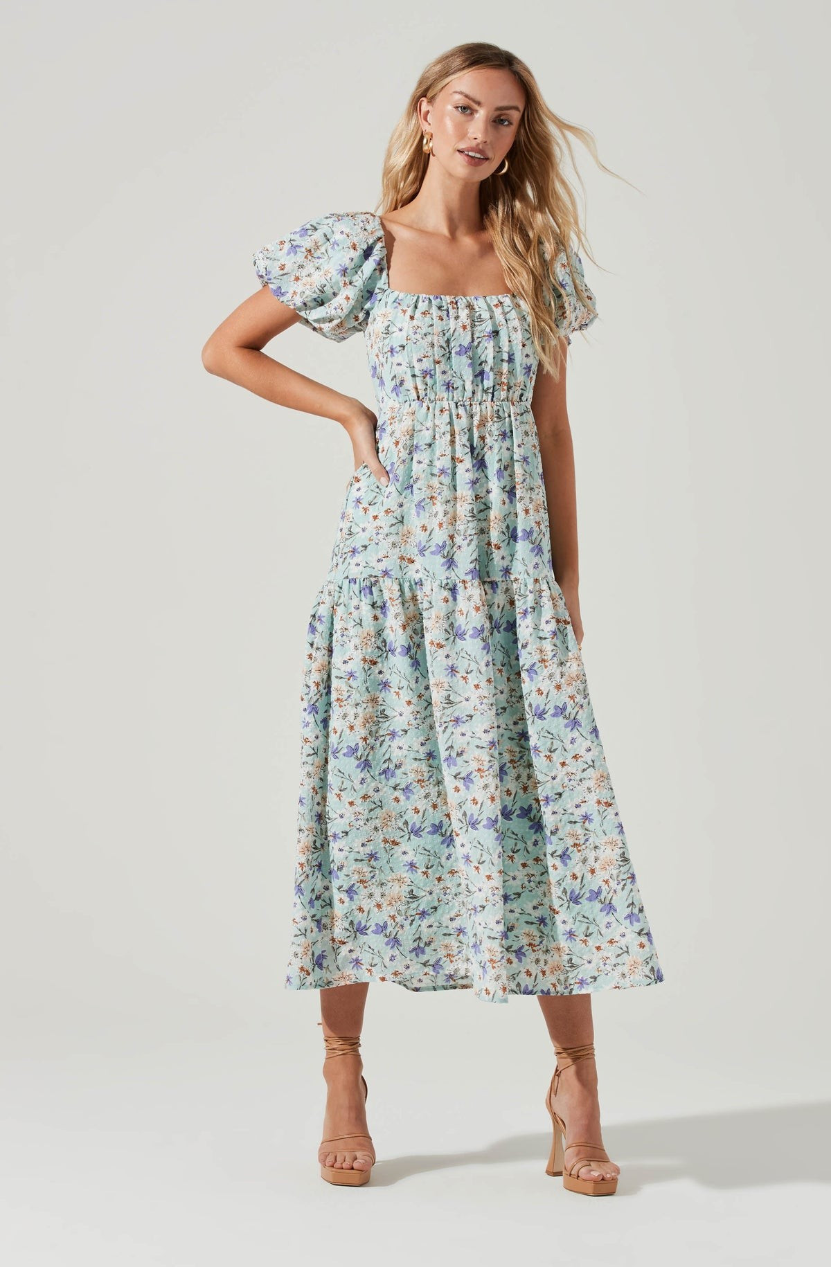 Bubble Sleeve Floral Tiered Midi Dress | ASTR The Label (US)