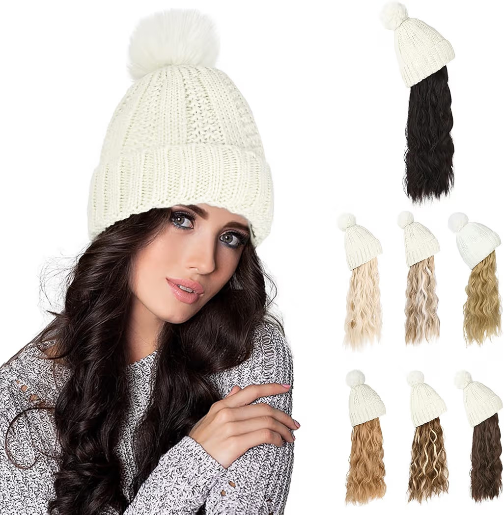 Flufymooz Beanie Wig Hat With Hair Extension - 20 Inch Long Wavy Curly White Synthetic Hairpiece ... | Amazon (US)
