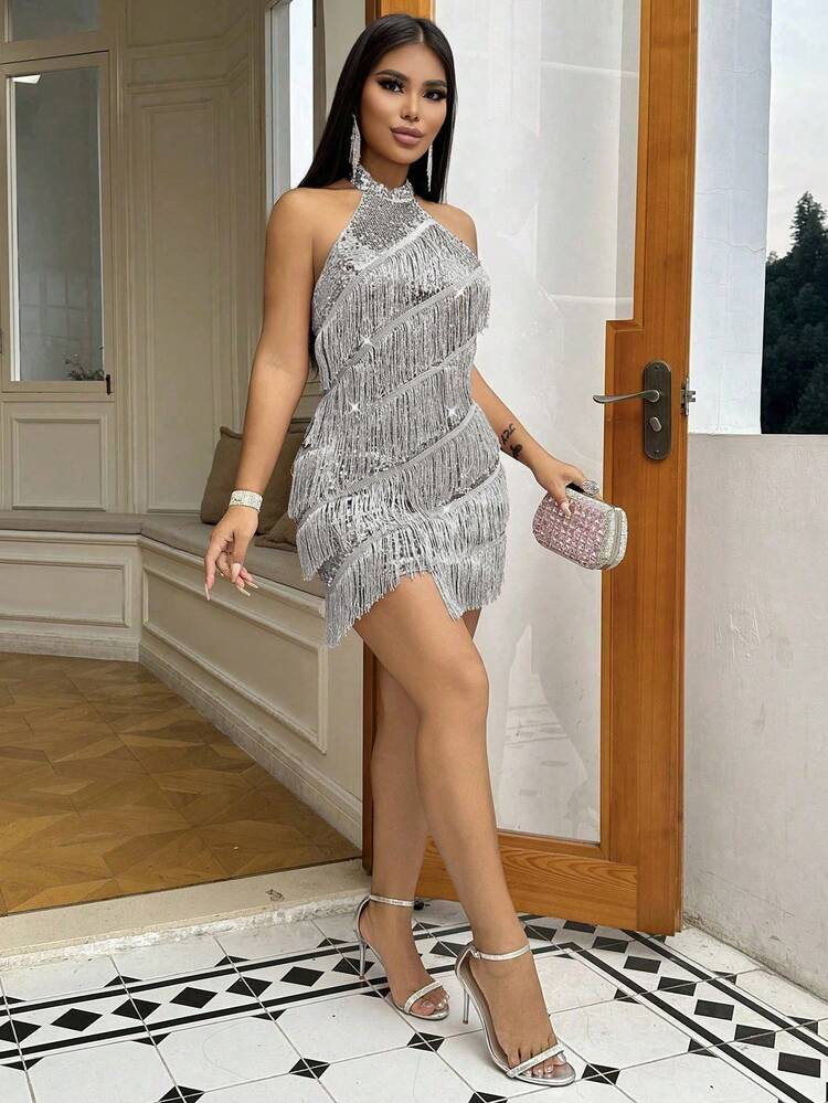CHOSMO New Summer Sequin Off-Shoulder Pink Short Elegant Glamorous Wedding Dress, High Waist Fitted Evening Gown, Women's Cocktail Party Dress, Suitable For Cocktail Party, Bar, Party, Banquet, Wedding Guest Spring | | SHEIN